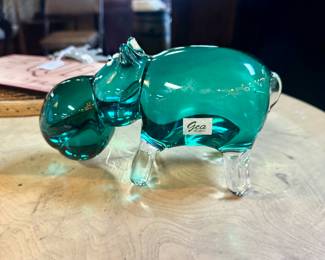Vintage 7" x 5" Green and Clear Hand Blown Glass Hippo, Made by GCA Art Glass Co., Signed on Tail