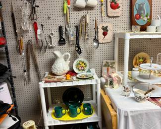 Kitchen utensils, pitchers, wall decor, 3-tier white server