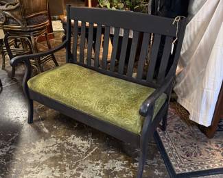 c. late 1800's-early 1900's, AMAZING Setee Sofa 43" Bench with original dark olive green embossed velvet upholstery...A GREAT ENTRY PIECE or FOYER or COVERED FRONT PORCH, or large BATH / CLOSET OR just about anywhere!