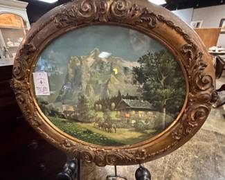 Antique ornate oval framed,with wavy glass, homestead picture 