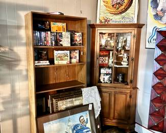 Corner Lighted Curio Cabinet, VCR Movies, Books, Signed Vintage Art