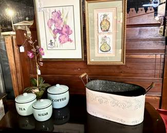 Enamelware Light Green Canister Set and Embossed Metal White Contianer with wooden handles