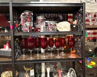 Set of 8 Beautiful Ruby Red Goblets with Clear Stems