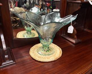 Large Vintage Textured Green Glass Bowl