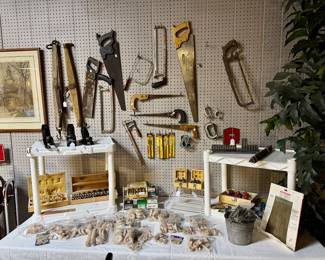 Saws, wooden crafting pieces, socket and wrench sets