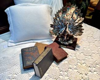 Large DeCapoli Porcelain Peacock on wooden base and more antique books 