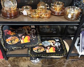 Vintage MODERNE JEANETTE 6 teacups and saucers and two Coca-Cola black trays