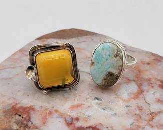 Square Amber Oval, Larimar Stone 925 Rings 14.1gr
