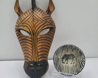 Soapstone Etched Zebra Trinket Dish & Wood Zebra Mask Wall Hanger