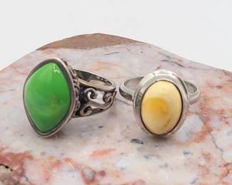 Green Turquoise & Natural Butterscotch Amber Rings Sterling