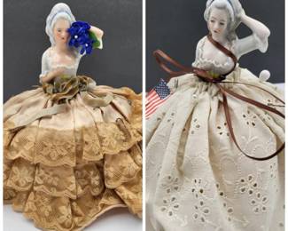 1900s Antique Porcelain Sewing Pin Cushion Dolls