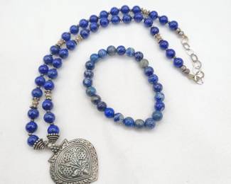 Blue Lapis Bead Necklace & Stretch Bracelet