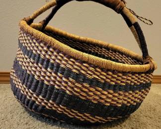 Hand Woven Ghana Bolga Market Basket Leather Wrapped Handle