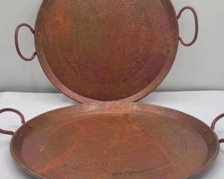 Two ELG Round Copper Platters With Handles