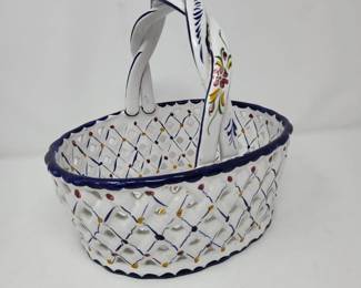 Portugal Hand Painted Ceramic Basket Twist Handle & Lattice
