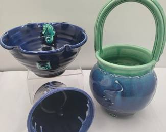 Hand Turned Blue Glazed Pottery Basket, Bowl &Planter