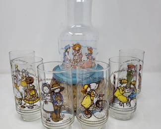 1980s Holly Hobbie Carafe, Happy Talk Glass Tumblers CocaCola