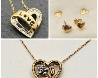 10k Heart Diamond Accents Necklaces 14k Gold Stud Earrings 3gr