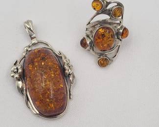 Natural Amber Jewelry Pendant & Ring Sterling Silver