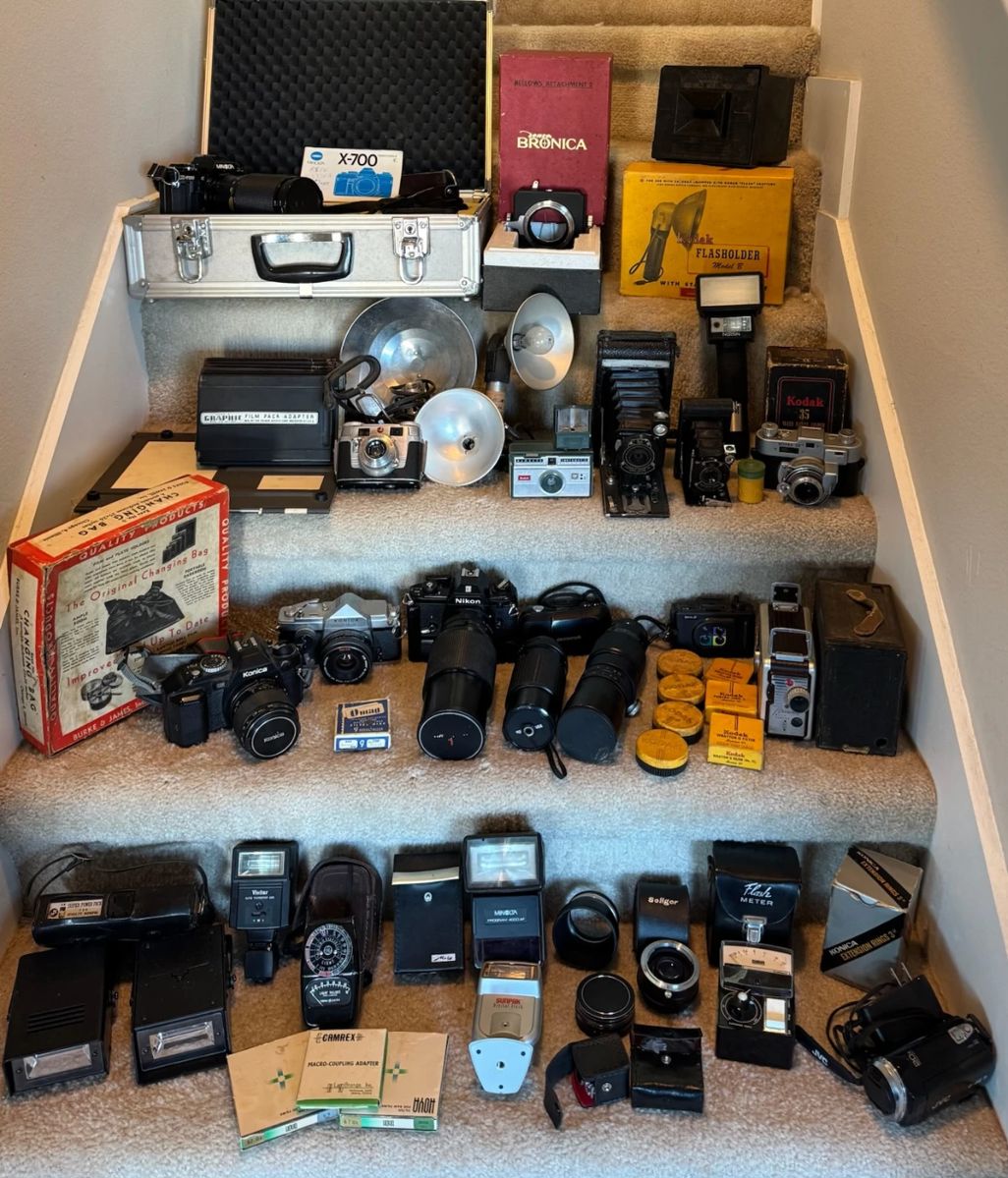 Cameras--Minolta X700, Kodak, Konica, Brownie + Meters & Various Accessories