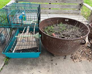 ANTIQUE CAST IRON WASH POT AND LARGE BIRD CAGE