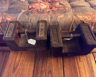 A pair of antique cast iron 30 lb scale weights by R.S. Co. 