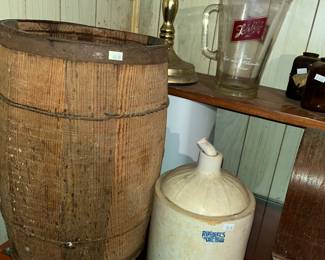 CROCK JUG AND WOODEN NAIL KEG