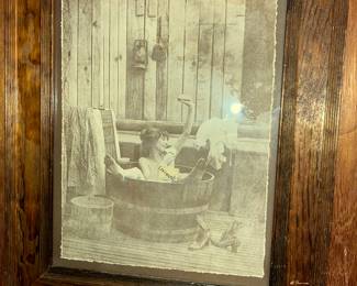 Vintage framed print by R. Hendrickson of a nude woman in a wash tub.
