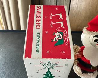 An awesome Vintage Angel/Star Tree Topper in the Original box, Red Satin Ball Santa, and a White Satin Ball Snowman! (Made in Japan 39 cents!)