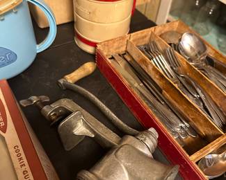 Some rest vintage cutlery and meat grinder! This is all in the “Canning Kiiitchen” in the basement! Everything you need to get started with your canning! 