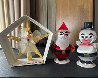An awesome Vintage Angel/Star Tree Topper in the Original box, Red Satin Ball Santa, and a White Satin Ball Snowman! (Made in Japan 39 cents!)