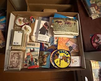 Got the keys on Tuesday! Here are the pics for the initial walk through! We did not open any boxes or totes! This is just what was out waiting for us! More detailed photos added almost daily starting this week! A box of Greta vintage collectibles ! Notice the 1912 A.J. Patterson Playing cards at lower left! Aldo the GREAT round Marvel Patches from 1985! 