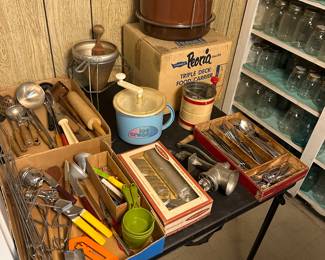 Vintage cutlery and assorted utensils! BTW - there are DOZENS of Mason Jars in every shape and size! 