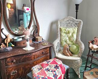 Antique dresser, bench and rocker