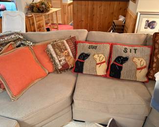 Tan Sectional with lots of fun pillows