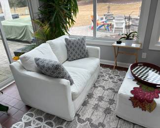 McNabb and Risley loveseats and storage ottoman with linen slip covers