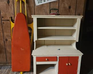 Doll/play kitchen hutch or Hoosier, ironing board and iron