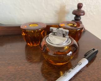 Vintage glass lighter and candlestick holders