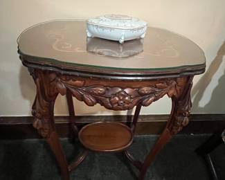 Wood inlaid side table with glass top
