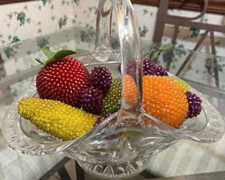 Glass bowl and beaded fruit