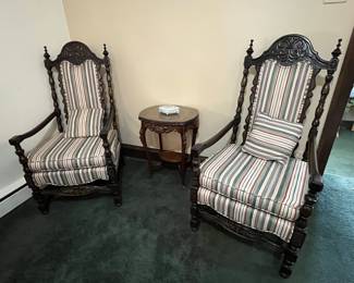 (2) carved wood/upholstered armchairs and......