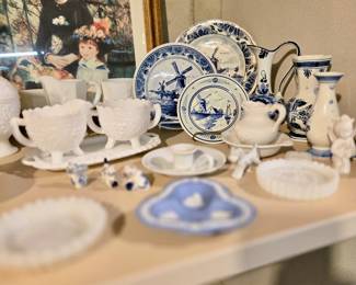 Nice antique & vintage glass, porcelain, pottery -- Wedgewood, Delft, Avon, Milkglass, Blue & White Animals, Candlesticks, Trinket Trays, Figurines, Tea Cups & Saucers... and more!