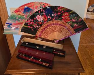 Vintage Collection of Asian Hand Fans and Chop Sticks in Boxes