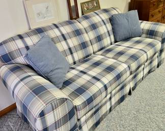 Blue & White Plaid Sofa; Decorative Pillows; Framed Art Prints, Mirror & Victorian Scrap