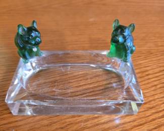 Vintage French Bulldog Green & Clear Glass Ashtray or Trinket Tray