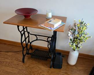 Console Bowl; Candle; Vase; Silk Flowers; Antique Wrought Iron Sewing Machine Base with Oak Wood Top