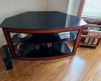 Wood & Glass TV / Media Stand; Magazine Rack; CDs; Crystal Clock; Candles