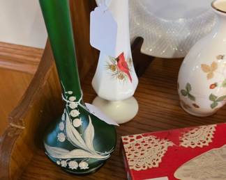 Lovely Hand Painted Vases: Green Glass with Lilly of the Valley Flowers; and a Cardinal with Pine Cones on a Milk Glass Vase; and much more!