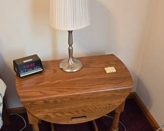 Oak Wood Drop Leaf End / Side Table; LED Alarm Clock; Brushed Chrome Lamp
