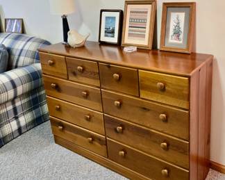 10-Drawer Pine Long Dresser; Modern Table Lamp; Ceramic Bird; Blue Plais Sofa; Assorted Framed Art Prints & Photos